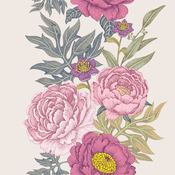 Seamless pattern with flowers roses, peonies.