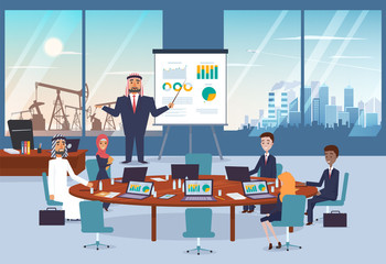 Arab business man doing presentation of new project with infographic for his partners. Cityscape and desert with oil pump on the background.