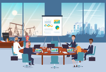 business negotiations with arab partners on the meeting. Cityscape and desert with oil pump on the background.