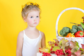 Beautiful little happy girl with basket of vegetables and fruits