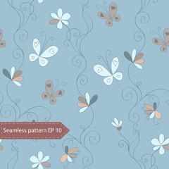 Seamless l flower background with vintage hand  draw flowers, curls and butterflies © nadya5