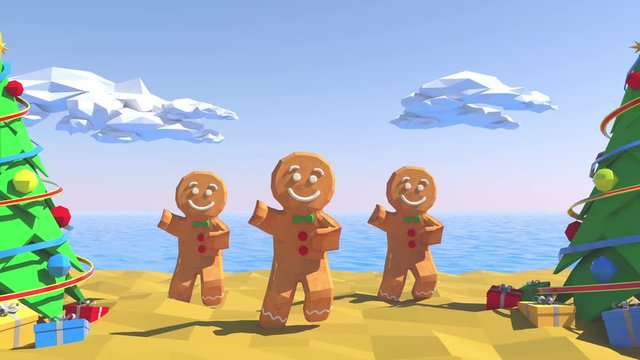 Gingerbread man Dancing in christmas beach. Funny, hot and sweet cookie boy dancing for holiday and kid event, show, party, music, banner, dvd. Christmas tree, sand, sea, sky and summer. Low poly 