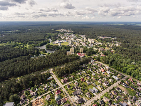Aerial view over a spa town Druskininkai on the Nemunas river in southern Lithuania, close to the borders of Belarus and Poland. During sunny summer day.