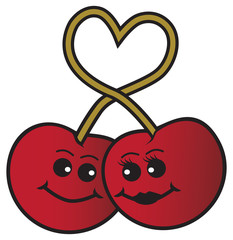 Two cartoon cherries in love are linked by their heart shaped stems
