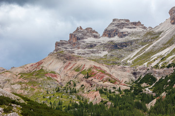 View of Lagazuoi Peaks with beautriful reddish rocks,  Travenanzes Valley Dolomites, Italy