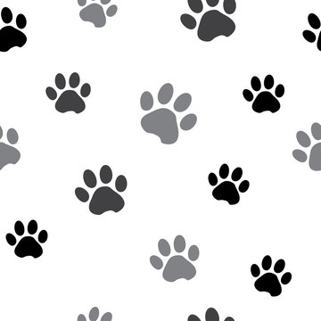 Seamless pattern with black and gray silhouette animal paw track on white background. Vector illustration