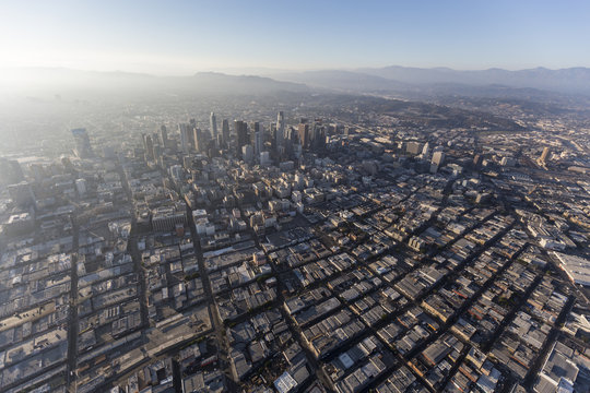 Aerial view of urban smog and sprawl in downtown Los Angeles, California.  