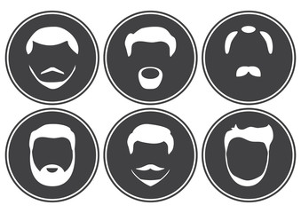 Set of face, hairstyles, beards and mustaches. Round icons, white silhouette on dark gray background. Vector illustration.