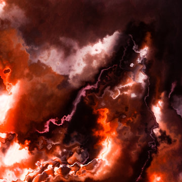 Burning flames, dark red sky storm clouds or smoke