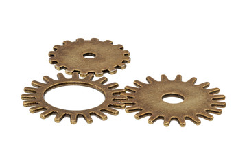 Brass gears on a white background
