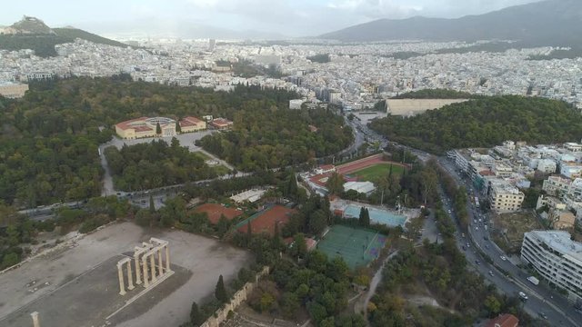 aerial view of Temple of Zeus at Olympia in Athens and modern part of the city