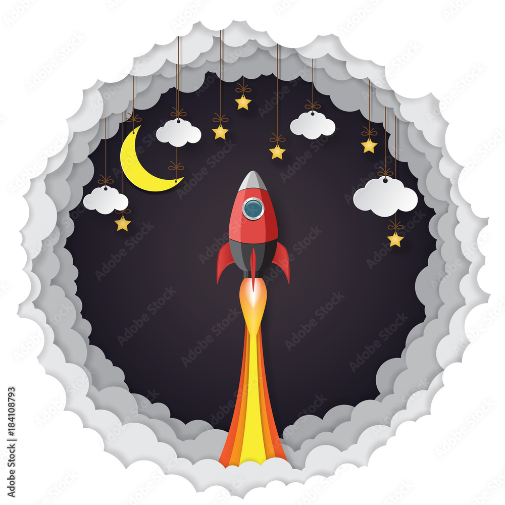 Poster rocket ship launch business concept.hanging clouds,stars and moon paper art style on night backgroun