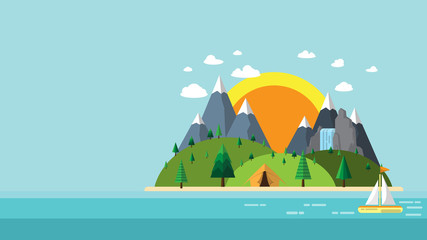 Nature landscape flat design.Summer nature travel with island,mountains,waterfall and tent.Vector illustration.