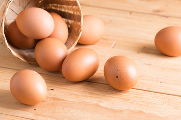 Organic eggs on wood. Fresh eggs.