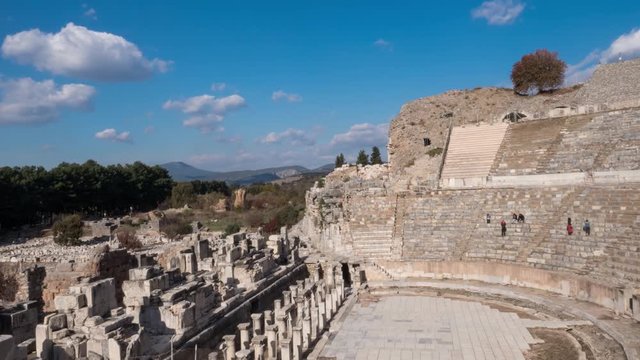 Timelapse Theatre of Ephesus Ancient City at november at sunny day, Turkey.