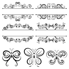 vector illustration set of border and dividers decorative with butterfly calligraphic design elements