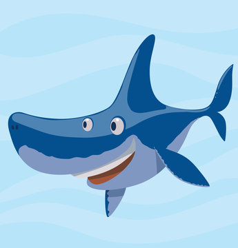 Vector cartoon image of a funny smiling blue shark on a light blue sea background. Sea life. Vector illustration.