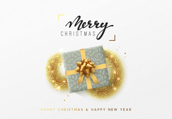 Fototapeta na wymiar Merry Christmas greeting card. Xmas holiday background, gift box with gold tinsel and bright golden snowflake.