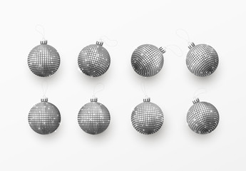 Christmas balls and bauble silver color. Xmas monochrome ornament glowing decoration elements. New Years small showy glittering decor. Vector object isolated on white background.