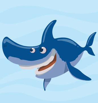 Vector image of cartoon funny happy blue shark on a light blue sea background. Sea life. Vector illustration.