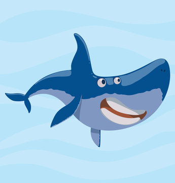 Vector image of cartoon funny joyful blue shark on a light blue sea background. Sea life. Vector illustration.