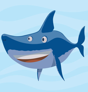 Vector image of cartoon funny curious blue shark on a light blue sea background. Sea life. Vector illustration.