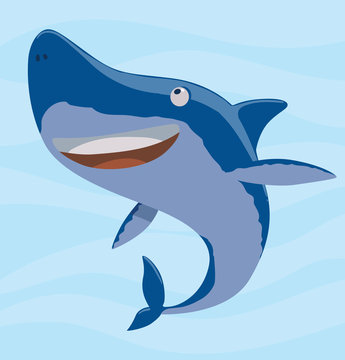 Vector image of cartoon funny cute blue shark on a light blue sea background. Sea life. Vector illustration.