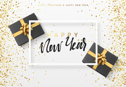 Christmas background with gifts box. Text Happy new year in a frame