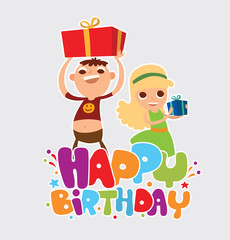 Naklejka premium Vector cartoon image of two friends of girl and boy with gifts in hands rejoicing on a light background. The text of 