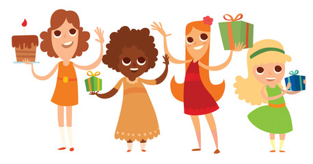Vector cartoon image of four different girls in dresses of different colors with cake and gifts in their hands on a white background. Holiday, fun, birthday. Vector illustration.