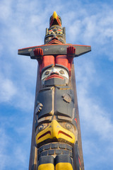 Ancient colorful Totem Pole in Duncan, British Columbia, Canada.