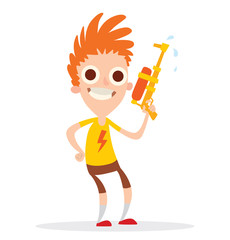 Vector cartoon image of a funny boy with big eyes, with ginger curly hair in brown shorts and a yellow t-shirt with an orange-yellow water gun in his hand on a white background. Vector illustration.
