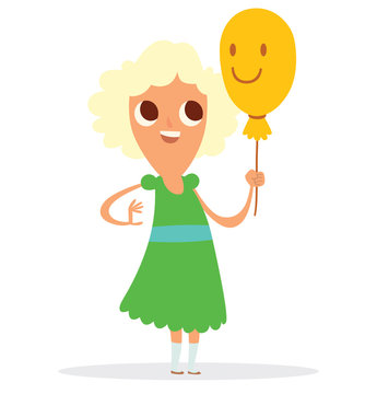 Vector cartoon image of a funny girl with big eyes with blonde curly hair in green dress with blue belt and with yellow balloon with smiley face in her hand on a white background. Vector illustration.