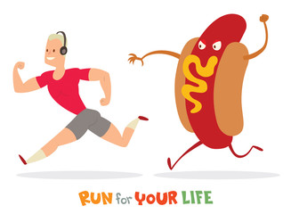 Vector cartoon image of a man with blond hair in a pink t-shirt and gray shorts runaway from a huge colored Hot Dog on a white background. In the theme of a healthy lifestyle. Vector illustration.