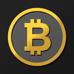 Dark bitcoin 3D coin logo illustration in gold with shadows.  Rendering with shading and high closs golden B symbol concept.