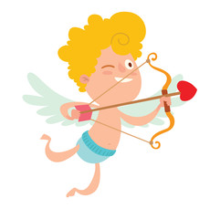 Cartoon image of cute little cupid with yellow hair, light blue wings in blue panties flying to right with brown-red bow, arrow in his hands on a white background. Valentine's Day Vector illustration