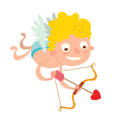 Cartoon image of cute little cupid with yellow hair, light blue wings in blue panties flying down with brown-red bow and arrow in his hands on a white background. Valentine's Day. Vector illustration.