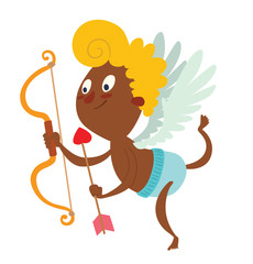 Obraz premium Cartoon image of cute little black cupid with yellow hair, light blue wings in blue panties flying with brown-red bow and arrow in his hands on a white background. Valentine's Day. Vector illustration