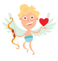 Obraz na płótnie Canvas Cartoon image of cute little cupid with yellow hair light blue wings in blue panties with brown bow in one hand and red heart symbol in other on white background. Valentine's Day. Vector illustration.