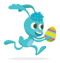 Vector image of a cartoon funny light blue Easter Bunny with blue forelock running with colorful Easter egg in his paws on a white background with shadows. In the theme of Easter. Vector illustration.