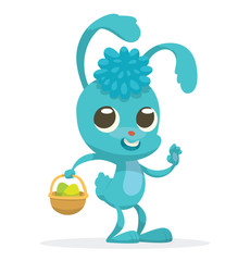 Vector image of a cartoon funny light blue Easter Bunny with blue forelock with a brown basket of colorful Easter eggs in his paw on a white background with shadows. Easter. Vector illustration.