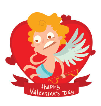 Vector image of a red frame in the form of a heart symbol with a red banner with a cartoon image of cute little cupid shocked on a white background. Valentine's Day. Vector illustration. Card.