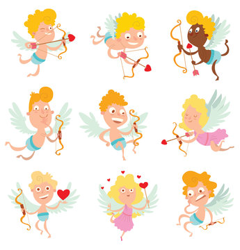 Vector cartoon image of a set of cute little cupids, boys and girls in different clothes and different poses on a white background. Valentine's Day. Vector illustration. Holiday, joy, fun. Card.