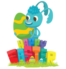 Vector cartoon image of a light blue Easter bunny standing behind colorful letters "Happy Easter" and Easter eggs with big colorful Easter egg in paws on a light background. Easter Vector illustration