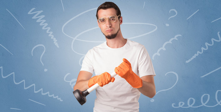 Swabber with orange rubber gloves