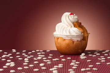 Delicious cake on colorful background with copyspace