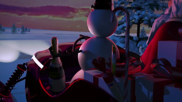 Santa Claus and Snowman riding a sleigh snowmobile Time Lapse. New year Christmas story. Figures 2018. Merry Christmas. The forest night. 3D Animation Loopable place for inscription