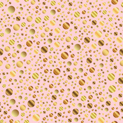 Golden dots seamless pattern on pink background. Bewitching gradient golden dots endless random scattered confetti on pink background. Confetti fall chaotic decor. Modern creative pattern.