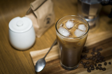 coffee serve in set on wooden plate