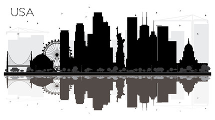 USA City skyline black and white silhouette with Reflections.